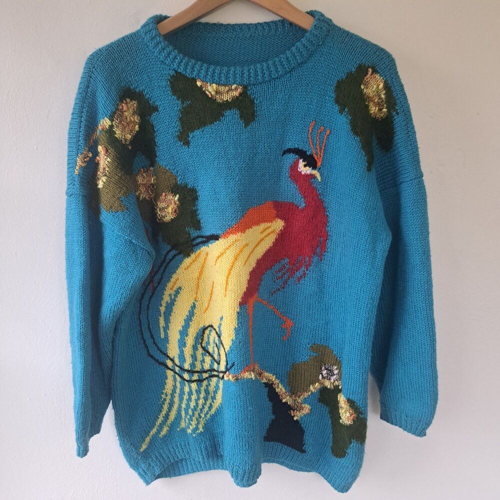 Vintage Peacock Bird Sweater Pullover Cropped Sleeve Womens XL Blue